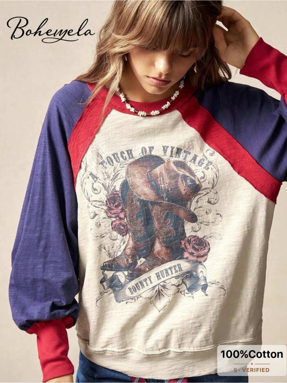 Bohemyela Women's Vintage Graphic Raglan Long Sleeve Tee - Red, Purple, Cream